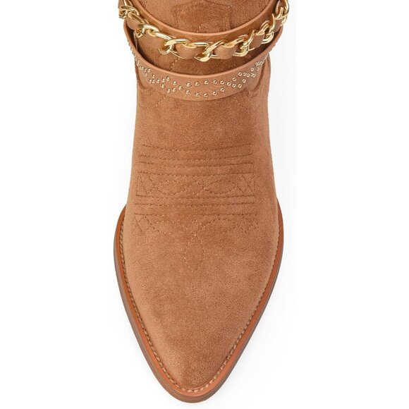 🆕Women Brown Cowboy Boot with Chain Pointy Toe Heel Pull on Style Western Boots - Picture 3 of 9